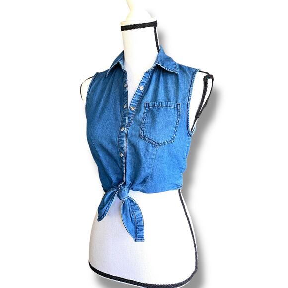 VNTG Forever 21 Sleeveless Cropped Tie Front Chambray Shirt Sz XS Pearl Snap - Picture 4 of 9